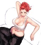  1girl arm_behind_head armpits bare_arms bare_shoulders black_pants blush breasts cleavage closed_mouth collarbone couch erect_nipples from_above grey_eyes large_breasts midriff mikanman navel original pants ponytail redhead sitting stomach unbuttoned_pants white_tank_top 