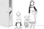  1girl 3boys :o ^_^ alphonse_elric antenna_hair apron basket breasts brothers bucket closed_eyes couple door dress edward_elric family father_and_son full_body fullmetal_alchemist glasses graphite_(medium) greyscale hand_holding happy height_difference hetero holding_finger indoors long_hair long_sleeves looking_at_another looking_at_viewer monochrome mother_and_son multiple_boys open_mouth overalls ponytail sandals serious short_hair shorts siblings smile spread_legs standing tame traditional_media trisha_elric van_hohenheim younger 