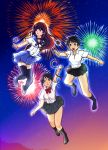  3girls aiuchi black_hair black_legwear brown_eyes check_commentary commentary_request fireworks kimi_no_na_wa kneehighs konno_makoto long_hair midair miyamizu_mitsuha multiple_girls night night_sky oikawa_nazuna open_mouth partial_commentary purple_hair red_eyes red_ribbon ribbon school_uniform short_hair short_sleeves sky star_(sky) starry_sky teeth thigh-highs toki_wo_kakeru_shoujo trait_connection uchiage_hanabi_shita_kara_miru_ka?_yoko_kara_miru_ka? 