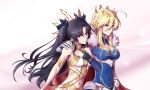  2girls absurdres artoria_pendragon_(all) artoria_pendragon_(lancer) black_hair braid breasts cleavage commentary_request crown fate/grand_order fate_(series) frown gauntlets hair_ribbon hand_on_another&#039;s_shoulder highres ishtar_(fate/grand_order) large_breasts long_hair multiple_girls navel priestessshizuka red_eyes ribbon saber small_breasts smile tohsaka_rin two_side_up watermark web_address 