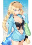  1girl ayer bikini black_bikini blonde_hair blue_eyes braid contemporary fate/grand_order fate_(series) front-tie_bikini front-tie_top hairband hayashi_kewi hood hoodie innertube jeanne_d&#039;arc_(fate) jeanne_d&#039;arc_(fate)_(all) long_braid long_hair looking_at_viewer ocean single_braid swimsuit thighs very_long_hair 