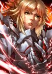  1girl absurdres armor blonde_hair electricity fate/grand_order fate_(series) gauntlets green_eyes highres medium_hair mordred_(fate) mordred_(fate)_(all) ponytail sekaizero solo spiky_hair 