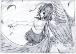  1girl bird_wings black_border border dated day dutch_angle graphite_(medium) greyscale hat highres key_frame leaf looking_at_viewer looking_back monochrome neck_ribbon outdoors pink_x ribbon scan shameimaru_aya shirt short_hair skirt smile solo standing sun tokin_hat touhou traditional_media wings 