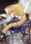  1girl armor armored_dress banner blonde_hair blush braid capelet fate/apocrypha fate_(series) gauntlets hair_ribbon highres jeanne_d&#039;arc_(fate) jeanne_d&#039;arc_(fate)_(all) kaa-san long_braid long_hair ribbon signature single_braid solo violet_eyes 