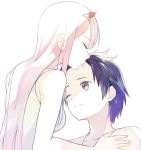  1boy 1girl bangs black_hair breasts closed_eyes couple darling_in_the_franxx green_eyes hair_ornament hairband hand_on_another&#039;s_chest hetero hiro_(darling_in_the_franxx) horns kiss large_breasts long_hair nightgown o0str0o one_eye_closed oni_horns pajamas pink_hair red_horns short_hair sleeveless spoilers white_hairband white_pajamas zero_two_(darling_in_the_franxx) 