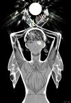  1other androgynous bangs black_background blunt_bangs full_moon glowing glowing_eye golden_arms heterochromia highres houseki_no_kuni kong_(kdo7) light looking_at_viewer monochrome moon necktie phosphophyllite phosphophyllite_(ll) see-through short_hair smile solo spoilers upper_body 