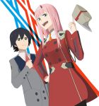  1boy 1girl bangs black_hair blue_eyes commentary couple darling_in_the_franxx fringe green_eyes hair_ornament hairband hand_on_hip hand_on_own_chest hat hetero highres hiro_(darling_in_the_franxx) horns i211 long_hair long_sleeves military military_uniform necktie oni_horns open_mouth orange_neckwear peaked_cap pink_hair red_horns red_neckwear short_hair uniform white_hairband zero_two_(darling_in_the_franxx) 