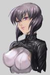  1girl black_jacket bodysuit cropped_jacket cyberpunk cyborg ghost_in_the_shell hankuri jacket kusanagi_motoko lips looking_to_the_side open_clothes pink_lips purple_bodysuit purple_hair short_hair violet_eyes 