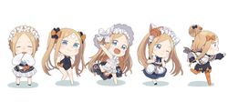  1girl :d :x ^_^ abigail_williams_(fate) abigail_williams_(swimsuit_foreigner)_(fate) animal_ears bare_arms bare_legs bare_shoulders barefoot black_bow black_dress black_footwear blonde_hair blue_eyes blush bonnet bow braid braided_bun cat_ears chibi closed_eyes closed_mouth crossed_bandaids dress facing_viewer fate/grand_order fate_(series) forehead hair_bow hair_bun heroic_spirit_festival_outfit highres long_hair long_sleeves looking_at_viewer multiple_views no_shoes one_eye_closed open_mouth orange_bow orange_legwear pantyhose profile shadow shoes sleeves_past_fingers sleeves_past_wrists smile socks standing standing_on_one_leg striped striped_bow stuffed_animal stuffed_toy teddy_bear totatokeke twintails v-shaped_eyebrows very_long_hair white_background white_bow white_dress white_headwear white_legwear 