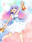  1girl :d angel_wings arm_up bare_shoulders bell bell_earrings bellringer_angel blue_eyes blue_footwear blue_hair blue_sky blush cherry_blossoms day dress earrings hair_ornament hairclip halo halterneck highres hosityaya jewelry long_hair looking_at_viewer open_mouth outdoors shadowverse shoes sky smile solo white_dress wings 