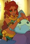  1girl armlet blue_lipstick breasts dark_skin gerudo green_eyes hair_ornament hair_rings jewelry lipstick long_hair makeup navel neck_ring orz_(orz57) pointy_ears redhead riju side_slit solo stuffed_toy the_legend_of_zelda the_legend_of_zelda:_breath_of_the_wild thick_eyebrows very_long_hair wide_hips 