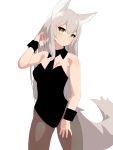  1girl animal_ears black_leotard black_neckwear blush breasts brown_legwear cowboy_shot detached_collar eyebrows_visible_through_hair fox_ears fox_tail green_eyes grey_hair hand_in_hair hand_up head_tilt highres legs_apart leotard looking_at_viewer medium_breasts necktie nezuko original pantyhose parted_lips simple_background slit_pupils smile solo standing tail white_background wrist_cuffs 