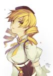  1girl 2018 absurdres blonde_hair breasts corset dated detached_sleeves drill_hair hair_between_eyes hat highres large_breasts long_hair looking_at_viewer mahou_shoujo_madoka_magica neck_ribbon ribbon ribs sketch solo tomoe_mami twin_drills twitter_username upper_body velahka white_background yellow_eyes yellow_ribbon 