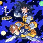  2boys :d animal black_eyes black_hair capsule_corp crossed_arms dragon_ball dragonball_z eyebrows_visible_through_hair frieza full_body gloves happy legs_crossed looking_away lowres male_focus multiple_boys open_mouth planet short_hair sitting sitting_on_animal sky smile son_gokuu space space_craft spacesuit spiky_hair standing star_(sky) stargeyser starry_sky tail turtle umigame_(dragon_ball) zipper 