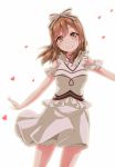  1girl blush bow brown_eyes brown_hair commentary_request cowboy_shot eyebrows_visible_through_hair frilled_shirt_collar frills hair_bow heart jewelry kunikida_hanamaru long_hair looking_at_viewer love_live! love_live!_sunshine!! outstretched_arms pendant shoulder_cutout skirt smile solo spread_arms striped striped_bow torikoriko_please!! white_background yopparai_oni 