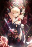  1girl agnamore armpits arms_up artoria_pendragon_(all) bangs between_legs black_gloves black_legwear black_panties blonde_hair blush breasts chains collarbone commentary_request cuts elbow_gloves eyebrows_visible_through_hair fate/stay_night fate_(series) flower garter_belt glint gloves hair_between_eyes head_tilt highres injury looking_at_viewer navel panties parted_lips pixiv_fate/grand_order_contest_2 red_flower red_rose restrained rose saber saber_alter small_breasts solo sweat sword thigh-highs thorns underwear v-shaped_eyebrows weapon yellow_eyes 