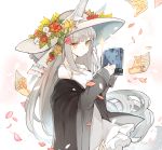  1girl animal_ears bangs bare_shoulders book closed_mouth collarbone commentary_request dress ears_through_headwear eyebrows_visible_through_hair flower fox_ears grey_jacket hat holding holding_book jacket long_hair long_sleeves mitu_yang orange_eyes original paper petals red_flower silver_hair sleeveless sleeveless_dress sleeves_past_wrists solo sparkle strap_slip very_long_hair white_dress white_flower white_hat yellow_flower 