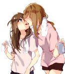  2girls :0 blue_shorts can couple cowboy_shot green_eyes hamada_(super_tachioyogi_kyousou) hand_on_another&#039;s_back holding holding_can holding_towel imminent_kiss leaning_forward looking_at_another multiple_girls no_eyes open_mouth original pink_shirt red_shorts shaded_face shirt shorts simple_background sketch standing towel towel_around_neck upper_body white_background yuri 