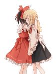  2girls ascot bare_shoulders black_hair blonde_hair blouse bow braid brown_hair comforting commentary crying crying_with_eyes_open detached_sleeves hair_bow hakurei_reimu highres hug kirisame_marisa kosencha large_bow long_hair messy_hair multiple_girls no_hat no_headwear sad sarashi short_hair side_braid single_braid skirt skirt_set tears touhou wavy_hair yellow_neckwear 