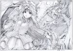  1girl :o black_border border bubble_skirt collared_shirt dated expressionless eyebrows_visible_through_hair fan folding_fan forest fox_mask graphite_(medium) greyscale hata_no_kokoro highres holding holding_fan long_hair long_sleeves looking_at_viewer mask monochrome nature navel outdoors parted_lips pink_x scan shirt skirt sky solo standing tengu_mask touhou traditional_media wing_collar 