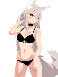  1girl animal_ears bare_arms bare_shoulders black_bra black_choker black_panties blush bra breasts choker cowboy_shot eyebrows_visible_through_hair fox_ears fox_tail frilled_bra frills green_eyes grey_hair hand_in_hair hand_up head_tilt highres legs_apart looking_at_viewer medium_breasts nezuko original panties parted_lips simple_background slit_pupils smile solo standing tail underwear underwear_only white_background 