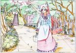  animal_ears basket closed_mouth colored_pencil_(medium) dated day dress fence gem graphite_(medium) grass highres holding imaizumi_kagerou key_frame light_rays long_hair long_sleeves looking_to_the_side outdoors pink_x red_skirt redhead scan skirt smile stairs standing tail touhou traditional_media white_dress wolf_ears wolf_tail 