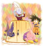  4boys :p animal antennae beerus black_eyes black_hair boots cape cat chibi closed_eyes commentary_request dessert dougi dragon_ball dragonball_z eating eyebrows_visible_through_hair finger_to_mouth fingernails food full_body gloves happy long_sleeves looking_at_another majin_buu male_focus multicolored multicolored_background multiple_boys open_mouth plate pudding short_hair smile son_gokuu spiky_hair spoon stargeyser tongue tongue_out whis white_hair 