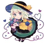  1girl black_hat blouse blue_eyes bouquet bow chibi closed_mouth commentary_request eyebrows_visible_through_hair flower frilled_shirt_collar frilled_skirt frilled_sleeves frills full_body hat hat_bow heart heart_of_string komeiji_koishi looking_at_viewer lowres mozukuzu_(manukedori) rose skirt sleeves_past_wrists smile solo third_eye touhou white_background wide_sleeves yellow_bow 