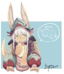  1girl :3 animal_ears barefoot blush chen_yang_yang closed_mouth dated eyebrows_visible_through_hair furry highres long_hair looking_at_viewer made_in_abyss nanachi_(made_in_abyss) rabbit_ears saliva signature sitting smile solo speech_bubble tail white_hair yellow_eyes 