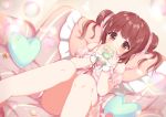  1girl ame_usari blush brown_eyes brown_hair bubble couch cream_puff detached_sleeves dress dutch_angle eating food hair_ribbon heart highres idolmaster idolmaster_cinderella_girls indoors knees_together_feet_apart knees_up looking_at_viewer off-shoulder_dress off_shoulder ogata_chieri on_couch pillow pink_dress ribbon short_hair short_sleeves sitting smile solo sparkle two_side_up wrist_cuffs 