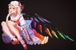  1girl black_background blonde_hair blood bow chouko_(butterfly_child) fang flandre_scarlet frills gem hat hat_bow hat_ribbon highres looking_at_viewer mob_cap nail_polish open_mouth puffy_short_sleeves puffy_sleeves red_bow red_eyes red_footwear red_nails red_ribbon ribbon short_sleeves side_ponytail socks solo sparkle touhou white_hat white_legwear wings 