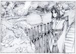 1girl black_border border bow bush character_request closed_mouth dated eyebrows_visible_through_hair fence flower graphite_(medium) greyscale hair_flower hair_ornament hakama highres japanese_clothes key_frame long_sleeves monochrome outdoors own_hands_together path pink_x road scan smile solo standing touhou traditional_media tree 