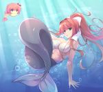  1girl animalization bow breasts brown_hair commentary doki_doki_literature_club english_commentary fish green_eyes hair_bow hair_intakes hair_ribbon highres long_hair looking_at_viewer lyrics maullarmaullar medium_breasts mermaid monika_(doki_doki_literature_club) monster_girl parody pink_hair ponytail ribbon sayori_(doki_doki_literature_club) shell shell_bikini sidelocks solo_focus the_little_mermaid underwater 