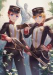  2boys black_hat blonde_hair blue_eyes blush character_request closed_mouth ginga_eiyuu_densetsu gun hat highres holding holding_gun holding_weapon looking_at_viewer mool_yueguang multiple_boys outdoors redhead reinhard_von_lohengramm short_hair smile statue weapon 