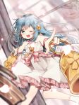  1girl :d angel_wings bare_shoulders bell bell_earrings bellringer_angel blue_eyes blue_hair dress earrings hair_ornament hairclip halo halterneck highres jewelry long_hair looking_at_viewer open_mouth sasakura_(npdk7484) shadowverse smile solo white_dress white_footwear wings 