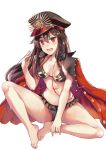  1girl ankle_grab bangs bikini black_bikini black_hat blush breasts breasts_apart brown_hair cape commentary_request eyebrows_visible_through_hair family_crest fate/grand_order fate_(series) fingernails hair_between_eyes hand_up hat headphones headphones_around_neck highres koha-ace konka long_hair medium_breasts military_hat nail_polish navel oda_nobunaga_(fate) oda_uri open_mouth peaked_cap pink_nails pixiv_fate/grand_order_contest_2 red_cape red_eyes simple_background sitting solo swimsuit very_long_hair wet white_background 