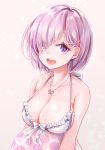  1girl :d absurdres ball bikini bikini_top bow breasts cleavage fate/grand_order fate_(series) hair_bow hair_over_one_eye hayashi_takeo highres jewelry large_breasts lavender_hair looking_at_viewer mash_kyrielight necklace open_mouth pink_bow polka_dot short_hair smile solo swimsuit upper_body violet_eyes white_bikini white_bow 