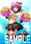  1girl bare_shoulders black_footwear black_gloves black_skirt blue_background blue_eyes boots copyright_request elbow_gloves fang gloves heart holding_pom_poms jumping navel open_mouth pink_hair pom_poms sample skirt smile solo stomach thigh-highs thigh_boots tsukishiro_saika vertical-striped_boots 