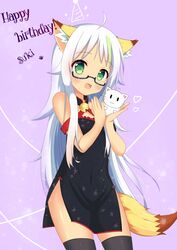  1girl :d absurdres ahoge animal animal_ears bare_shoulders black-framed_eyewear black_dress black_legwear blush cat character_name china_dress chinese_clothes commentary_request copyright_request dress fang fingernails fox_ears fox_girl fox_tail green_eyes green_hair happy_birthday heart highres holding holding_animal holding_cat long_hair looking_at_viewer multicolored_hair open_mouth semi-rimless_eyewear silver_hair sleeveless sleeveless_dress smile solo streaked_hair tail thigh-highs under-rim_eyewear very_long_hair xiaosamiao 