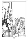  1boy 1girl ahoge apron beanie blood breath comic demon demon_horns dress english fang flying_sweatdrops frilled_apron frills greyscale hat holding horns long_hair long_sleeves maid mirror monochrome nosebleed original pcmaniac88 ponytail shirt shorts skirt t-shirt tank_top trembling very_long_hair voyeurism 