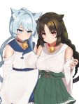  2girls animal_ears azur_lane bangs bell blue_eyes blue_hair blue_sailor_collar blue_skirt braid breasts brown_hair cat_ears character_request fang_out hair_intakes hakama_skirt highres jingle_bell large_breasts long_hair long_sleeves looking_at_viewer multiple_girls neck_bell nezuko parted_bangs red_eyes sailor_collar shoulder_cutout simple_background skirt smile twin_braids very_long_hair white_background wide_sleeves 