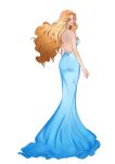  1girl arms_at_sides ass backless_outfit bare_shoulders bleach blue_eyes drawfag dress full_body hair_intakes highres long_hair looking_back matsumoto_rangiku mole mole_under_mouth open-back_dress orange_hair solo standing 