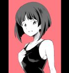  1girl adjusting_clothes adjusting_swimsuit bangs blunt_bangs bob_cut commentary_request girls_und_panzer gotou_moyoko greyscale light_frown looking_at_viewer moekichi monochrome one-piece_swimsuit open_mouth pillarboxed red_background school_swimsuit short_hair solo standing swimsuit upper_body 