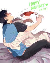  2boys al_(ahr) bed bed_sheet black_hair blue_shirt closed_eyes dated english falling fingernails grey_hair happy happy_birthday hat heart hug katsuki_yuuri male_focus multiple_boys open_mouth santa_hat shaded_face shirt short_hair simple_background sitting smile text_focus viktor_nikiforov white_background yuri!!!_on_ice 