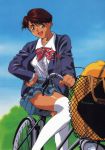  1girl 90s :d bicycle bicycle_basket blazer brown_eyes brown_hair dark_skin day ground_vehicle hand_on_hip highres jacket long_sleeves looking_at_viewer official_art open_blazer open_clothes open_jacket open_mouth outdoors over-kneehighs plaid plaid_skirt pleated_skirt short_hair skirt smile solo super_real_mahjong tanaka_ryou thigh-highs toono_mizuki white_legwear 