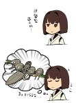  1girl 2koma boushi-ya brown_eyes brown_hair cannon closed_eyes comic commentary_request emphasis_lines hyuuga_(kantai_collection) kantai_collection light_smile simple_background solo thought_bubble translation_request turret upper_body white_background 