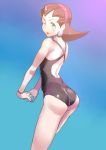  1girl ass blue_background blush bracelet brown_hair capcom cowboy_shot earrings green_eyes hairband hands_together jewelry legs_together looking_at_viewer looking_back one-piece_swimsuit one_eye_closed rockman rockman_dash simple_background skin_tight solo source_request standing stretch swimsuit tron_bonne ukimukai 