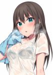 1girl :o aqua_eyes bangs blush bra bralines breasts breath brown_hair collarbone commentary_request dripping eyebrows_visible_through_hair highres hiiragi_hajime idolmaster idolmaster_cinderella_girls long_hair looking_at_viewer medium_breasts see-through shibuya_rin shirt simple_background solo steam sweat sweating towel underwear upper_body wet wet_clothes wet_shirt white_background white_shirt wiping_sweat