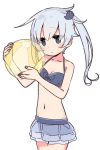  1girl :&lt; alternate_hairstyle ball beachball bikini bikini_skirt bird_hair_ornament blue_bikini blue_eyes blush commentary_request cowboy_shot eyebrows_visible_through_hair grey_hair hair_ornament hibiki_(kantai_collection) highres kantai_collection long_hair navel side_ponytail simple_background solo swimsuit transparent white_background yoru_nai 