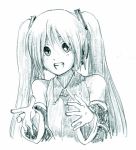  1girl :d commentary_request detached_sleeves graphite_(medium) greyscale hair_between_eyes hatsune_miku long_hair lowres monochrome necktie open_mouth potters_wheel_pose simple_background smile soichi solo traditional_media twintails vocaloid white_background 